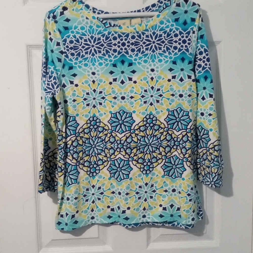 Caribbean Joe Blue and Yellow Patterned Long Sleeve Top
